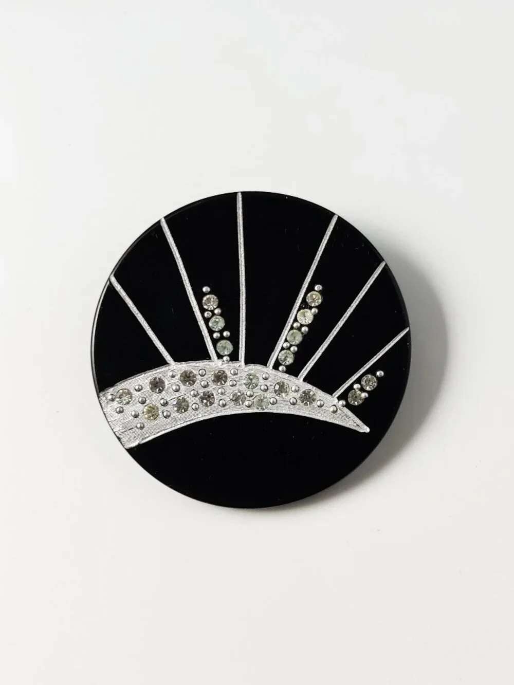 Vintage Black Lucite Rhinestone Brooch Retro